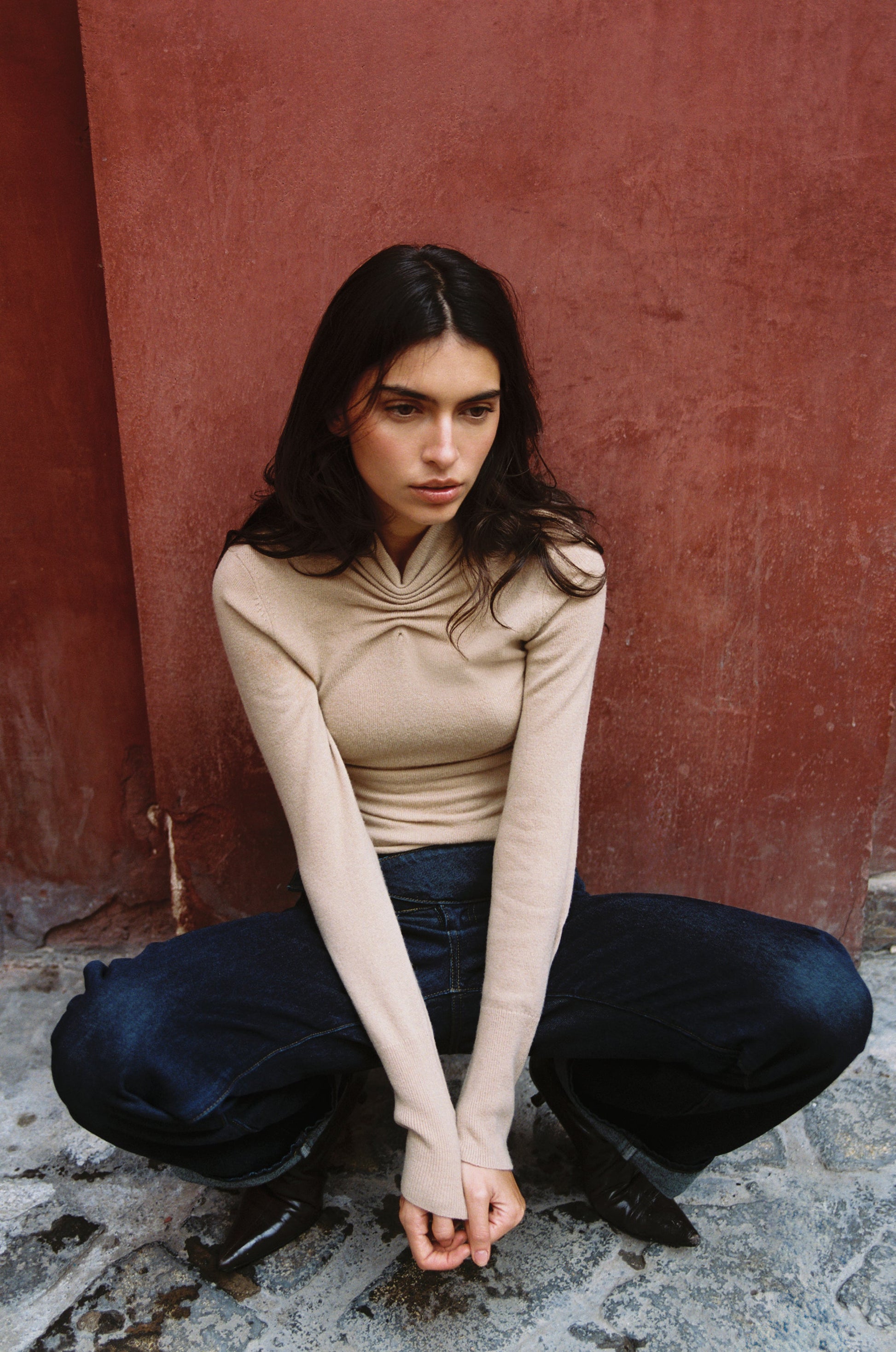 Image of a model wearing Tops. Product name - Kora Top in Mocha colour by brand - With Jéan