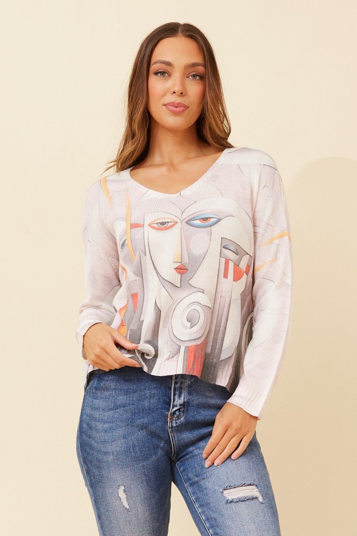 Image of a model wearing Outerwear. Product name - NEAVE ABSTRACT KNIT PULLOVER in Multi White colour by brand - BOTTEGA MODA