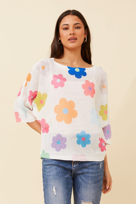 Image of a model wearing Tops. Product name - FLORELLA FLORAL KNIT TOP in Multi White colour by brand - IZABEL