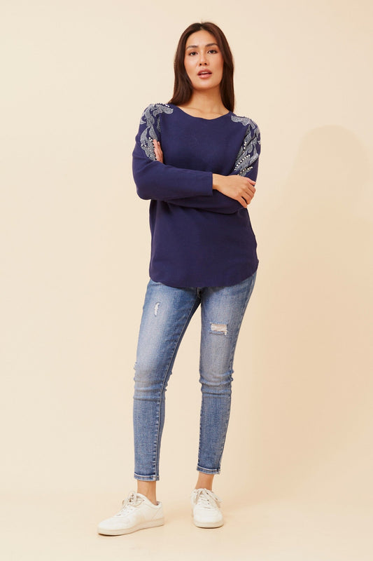 HOWARD SOLID EMBELLISHED KNIT PULLOVER (Navy)