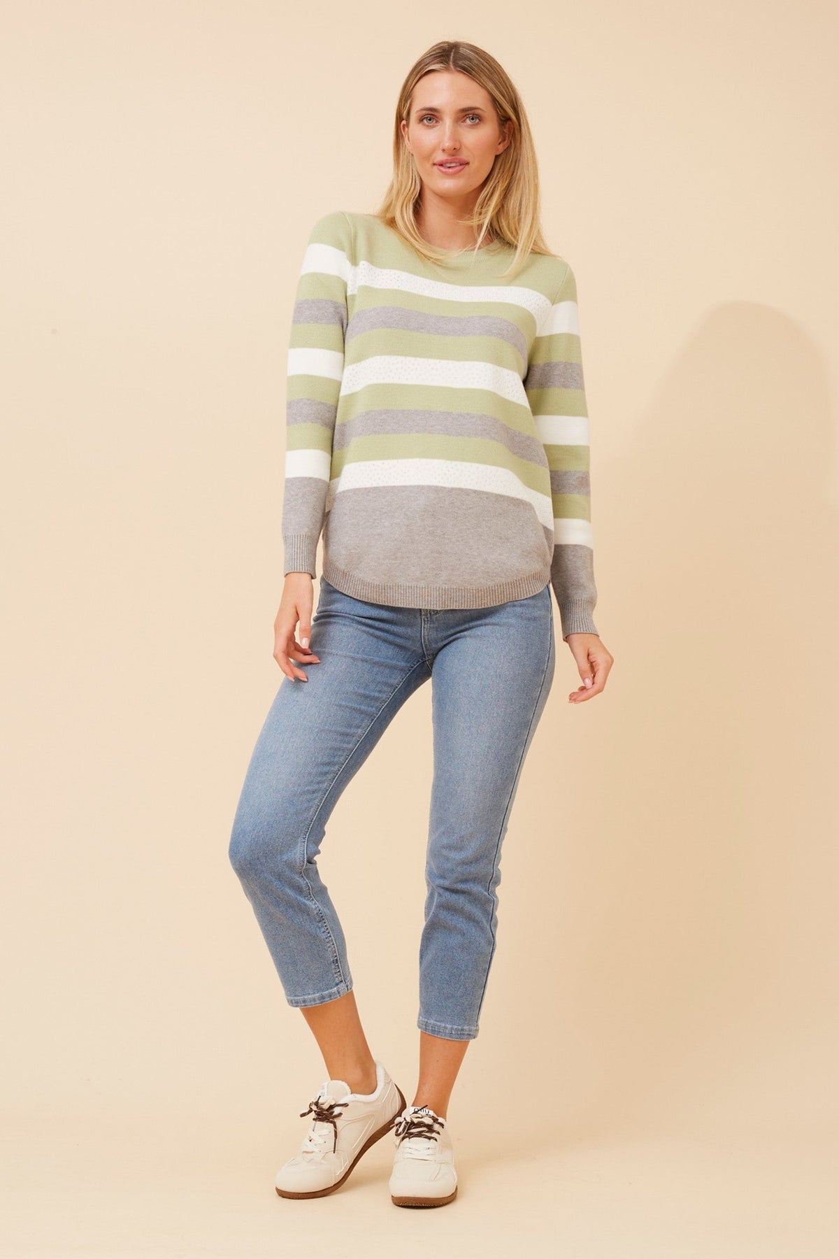 ANITA STRIPE PRINT KNIT PULLOVER (Light Grey Marl)