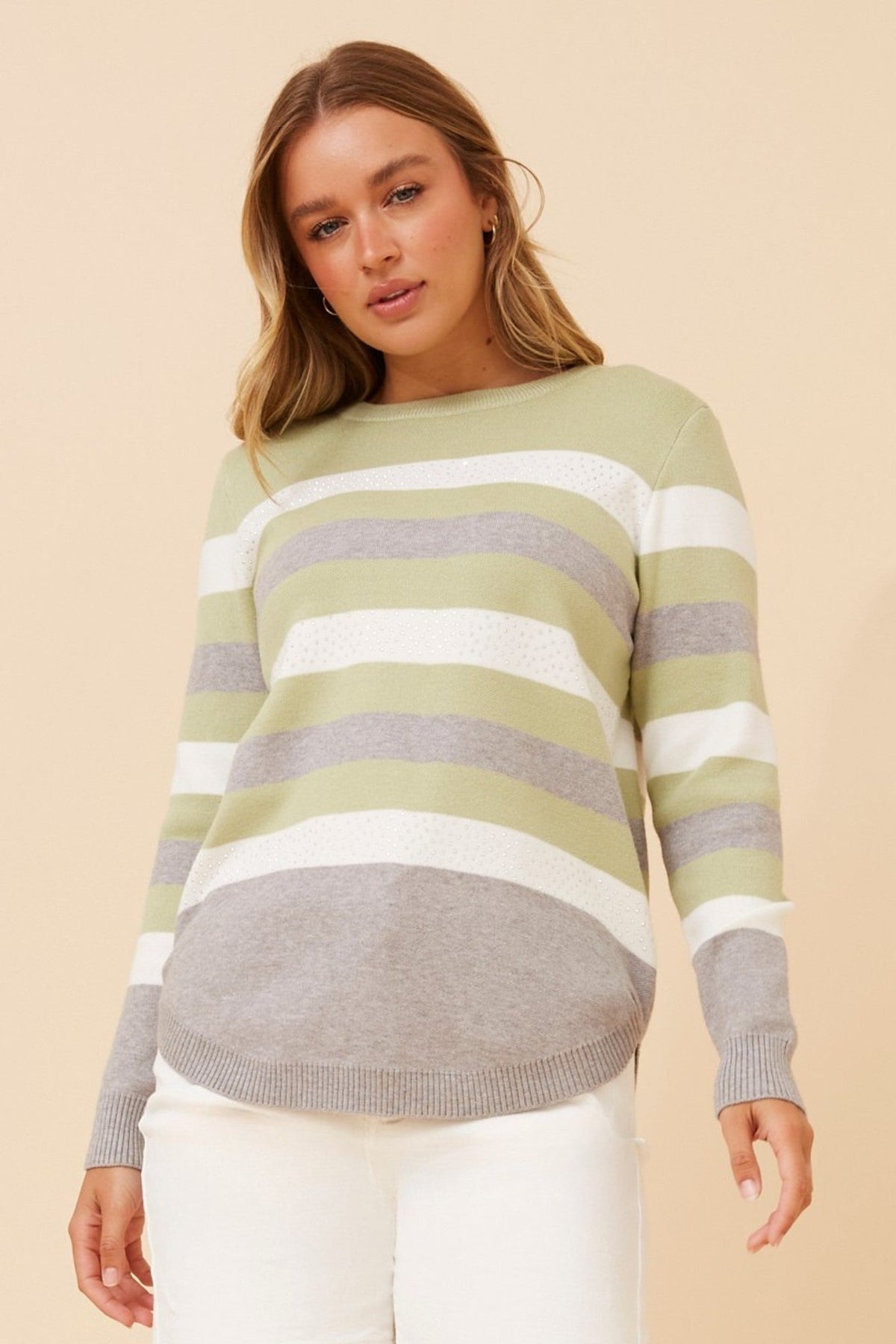 ANITA STRIPE PRINT KNIT PULLOVER (Light Grey Marl)