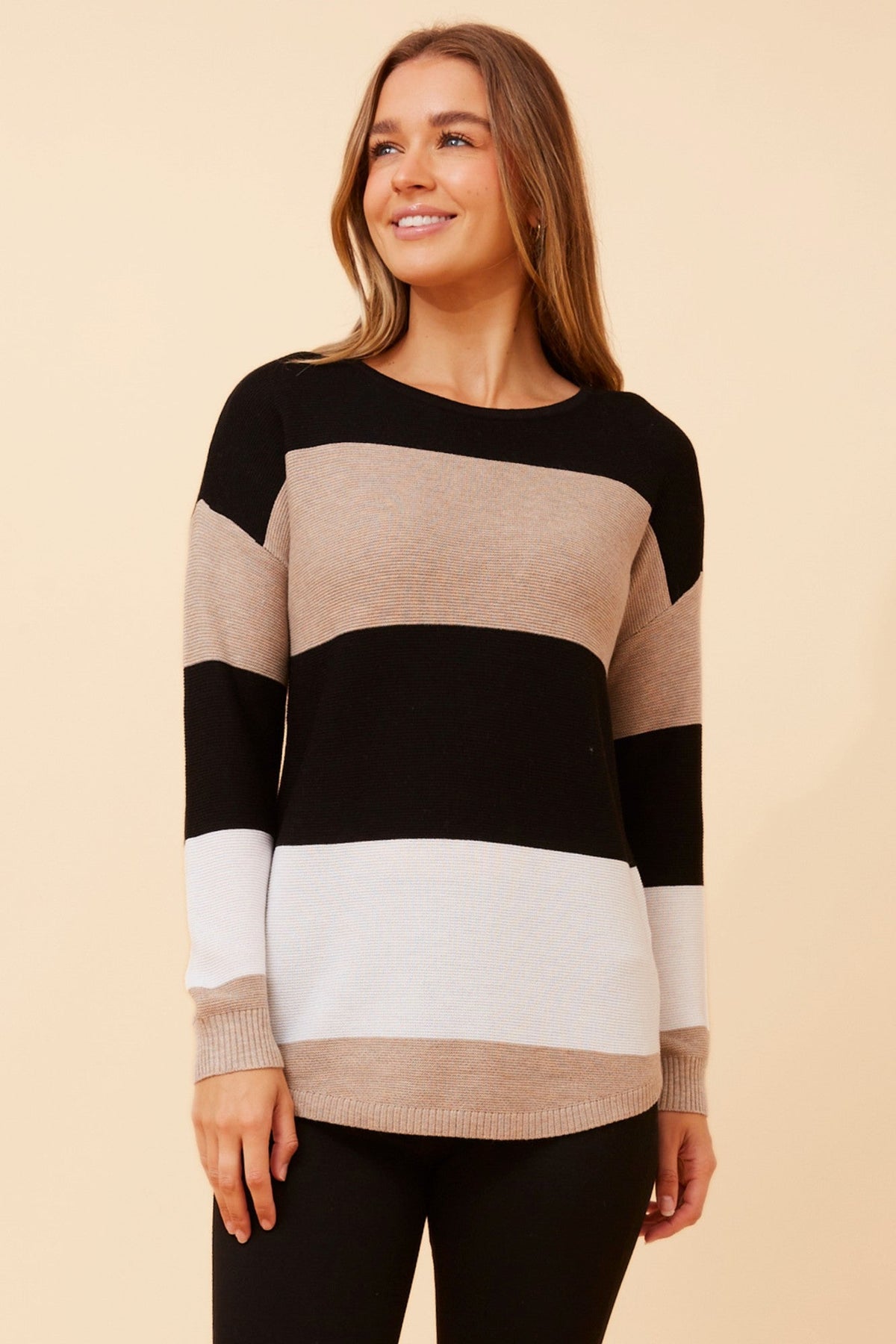 Image of a model wearing Outerwear. Product name - OLLIE WOOL BLEND PULLOVER in Camel colour by brand - Caroline Morgan Australia