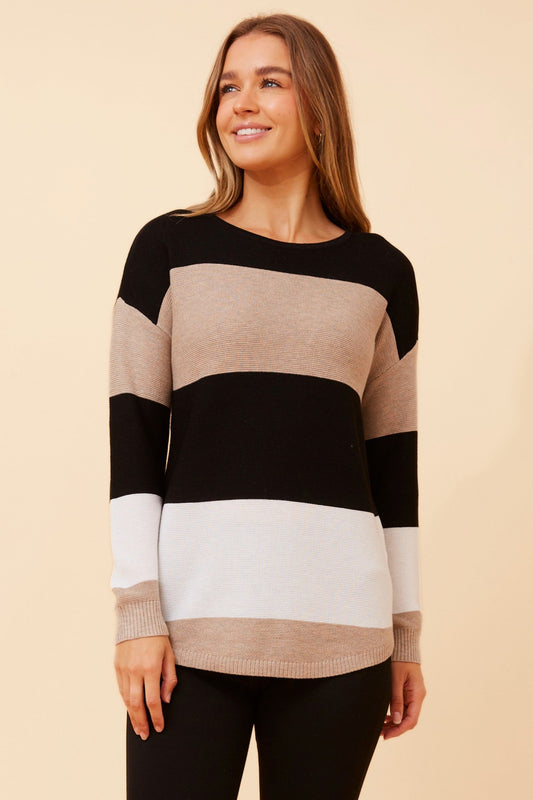 Image of a model wearing Outerwear. Product name - OLLIE WOOL BLEND PULLOVER in Camel colour by brand - Caroline Morgan Australia