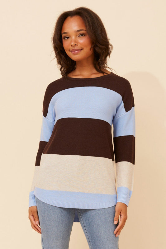 Image of a model wearing Outerwear. Product name - OLLIE WOOL BLEND PULLOVER in Skylight colour by brand - Caroline Morgan Australia
