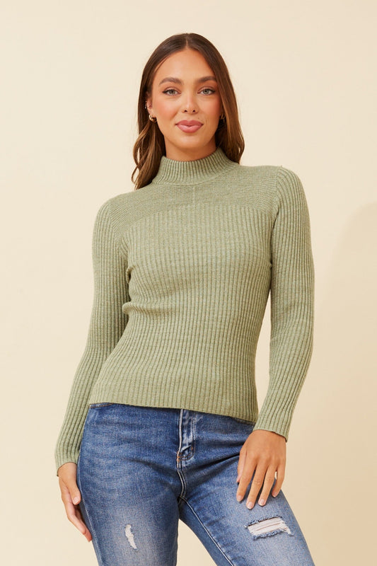 Image of a model wearing Outerwear. Product name - JUNE SOLID KNIT JUMPER in Green Bay colour by brand - Caroline Morgan Australia