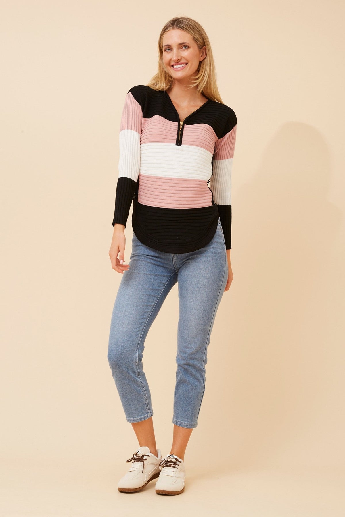 Image of a model wearing Outerwear. Product name - HOPE COLOR BLOCK KNIT JUMPER in Multi Beige colour by brand - Caroline Morgan Australia