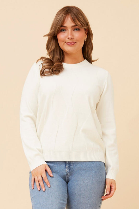 Image of a model wearing Outerwear. Product name - ANGIE KNIT PULLOVER in White colour by brand - Caroline Morgan Australia