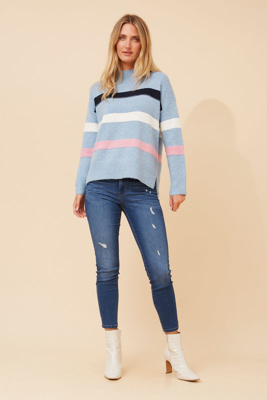 Image of a model wearing Outerwear. Product name - LOANNE STRIPE PRINT KNIT PULLOVER in Beige colour by brand - Caroline Morgan Australia