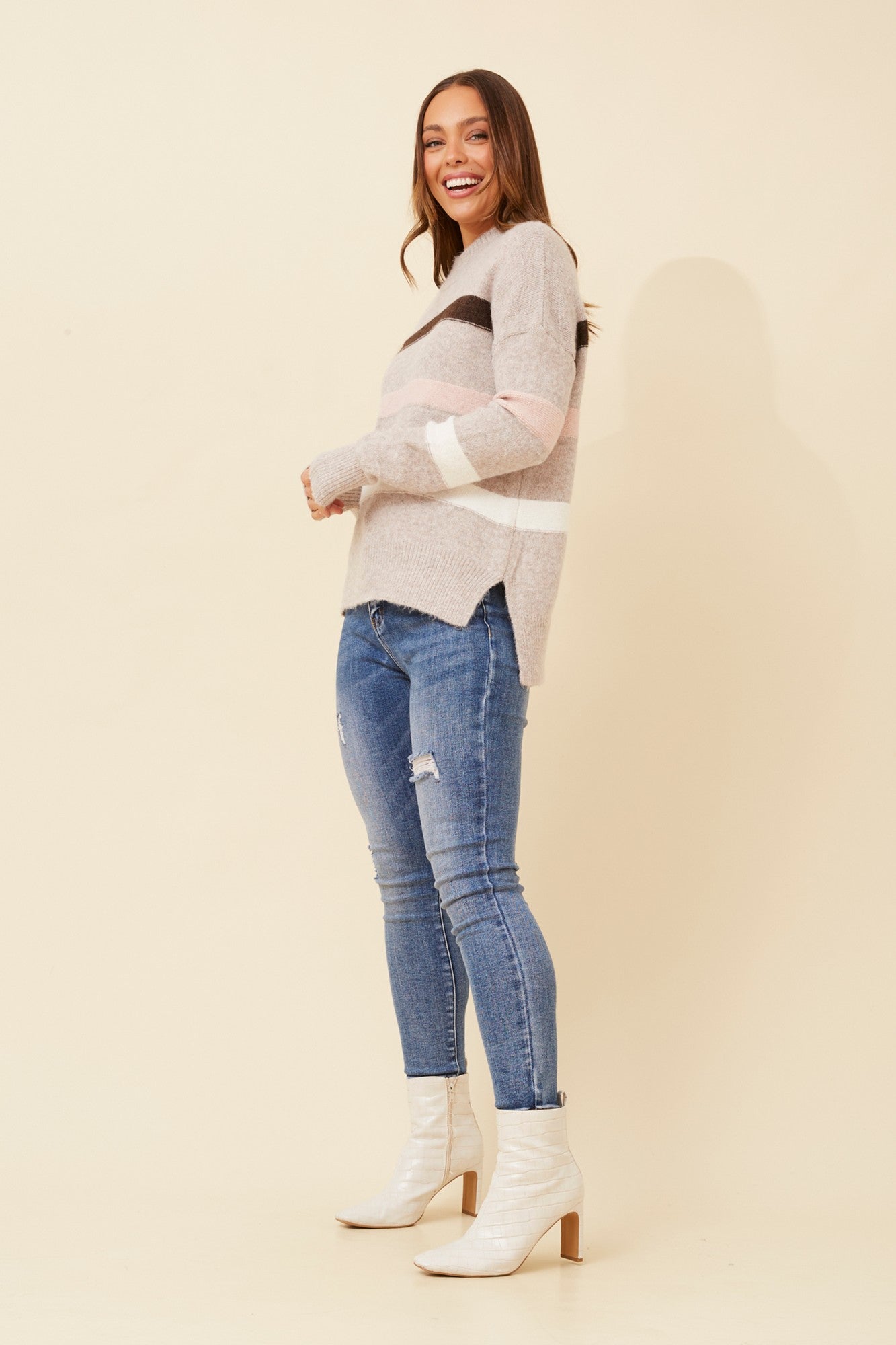 LOANNE STRIPE PRINT KNIT PULLOVER (Beige)