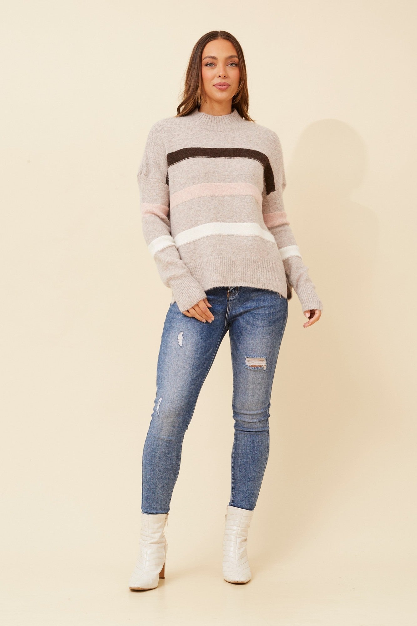 LOANNE STRIPE PRINT KNIT PULLOVER (Beige)
