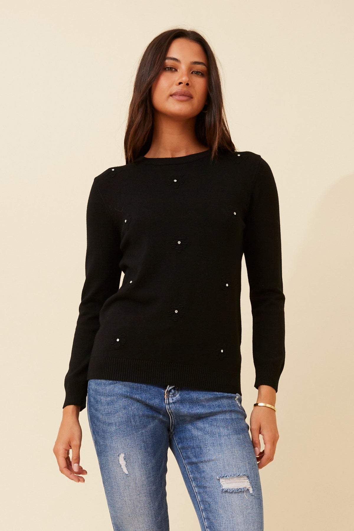 ANGIE FLOWER EMBELLISHED PULLOVER (Black)