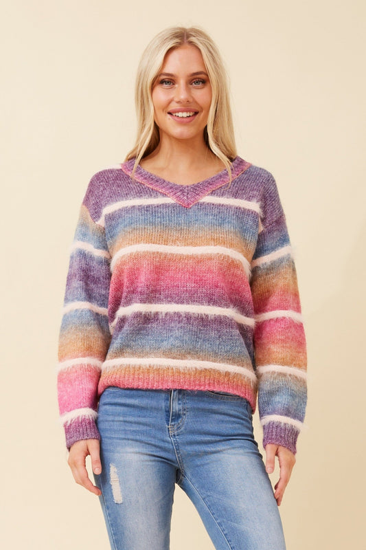 Image of a model wearing Outerwear. Product name - DILARA STRIPE KNIT PULLOVER in Multi Pink colour by brand - Caroline Morgan Australia