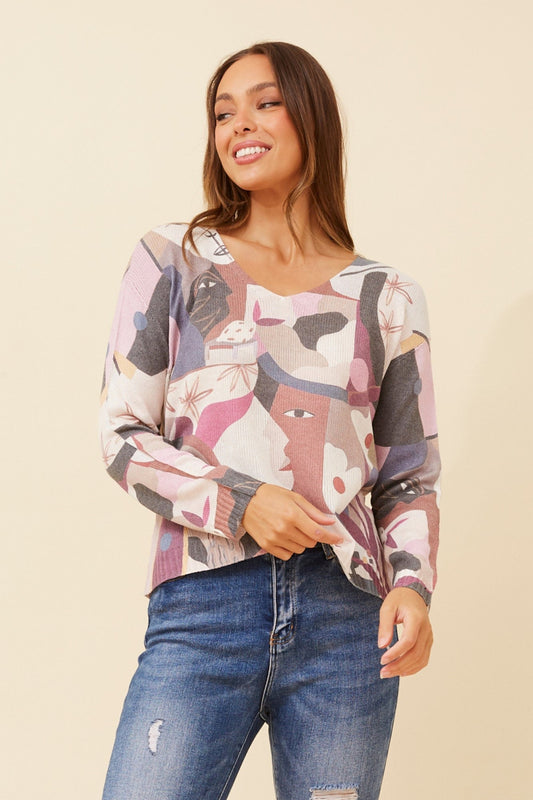 Image of a model wearing Tops. Product name - NEAVE ABSTRACT PRINT KNIT TOP in Multi Grey colour by brand - BOTTEGA MODA