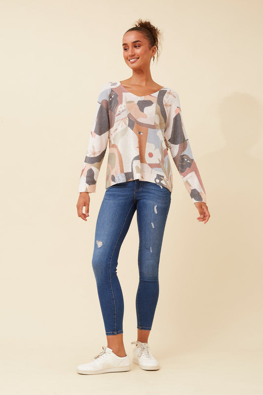 NEAVE ABSTRACT PRINT KNIT TOP (Multi Grey)