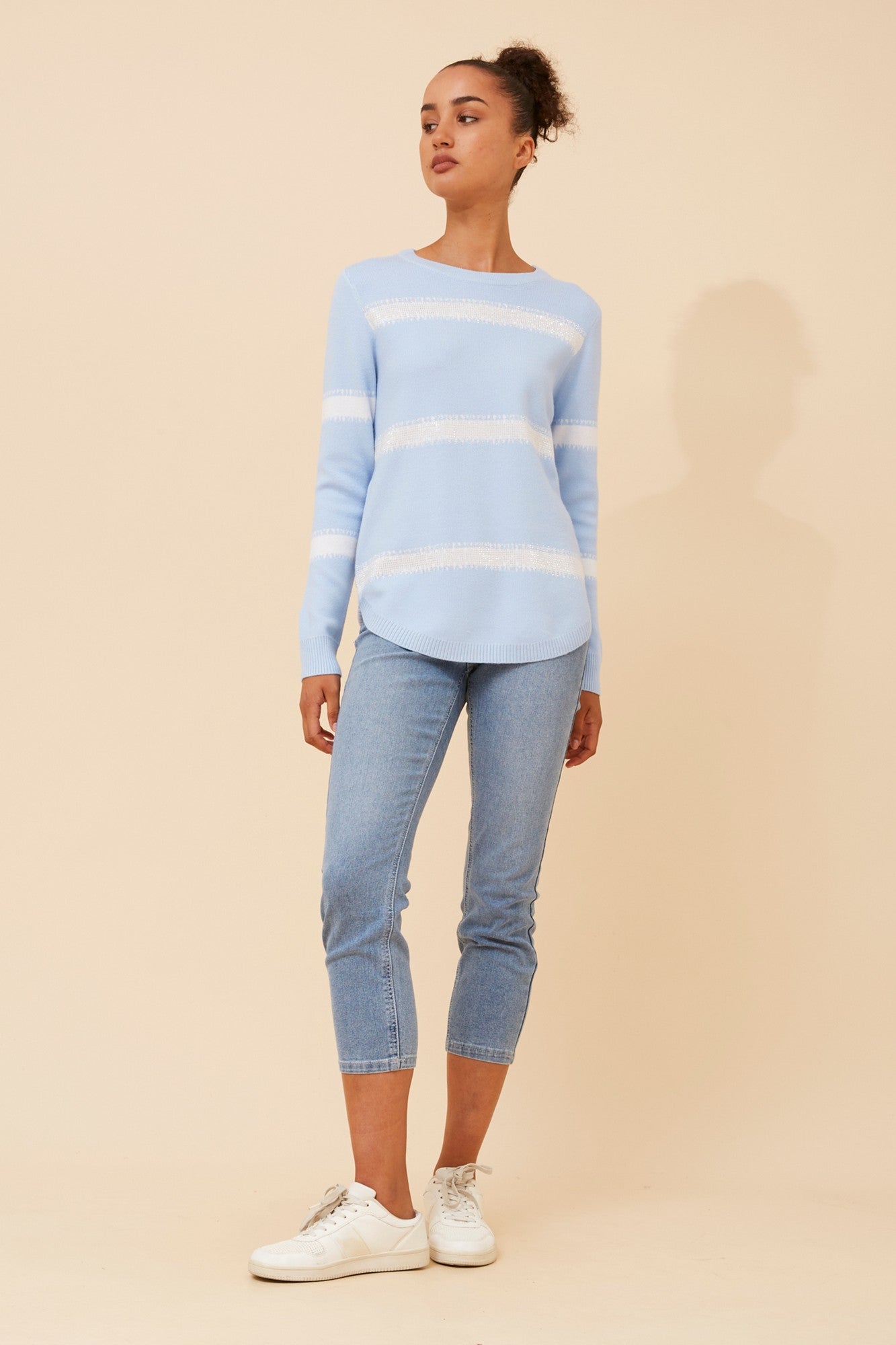 Image of a model wearing Outerwear. Product name - BRAY STRIPED DIAMANTE KNIT PULLOVER in Blue colour by brand - Caroline Morgan Australia