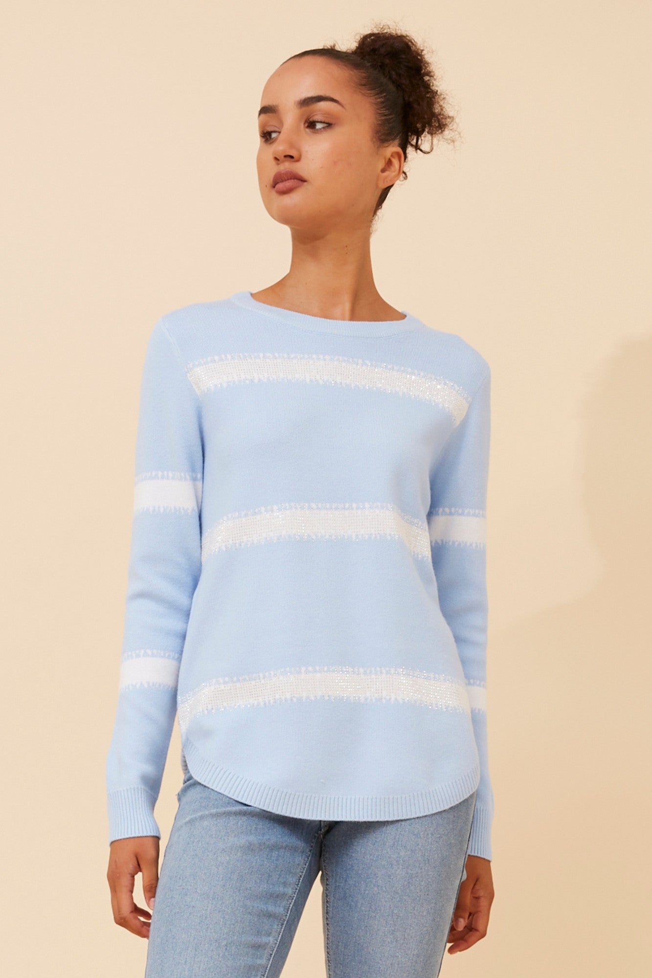 BRAY STRIPED DIAMANTE KNIT PULLOVER (Blue)
