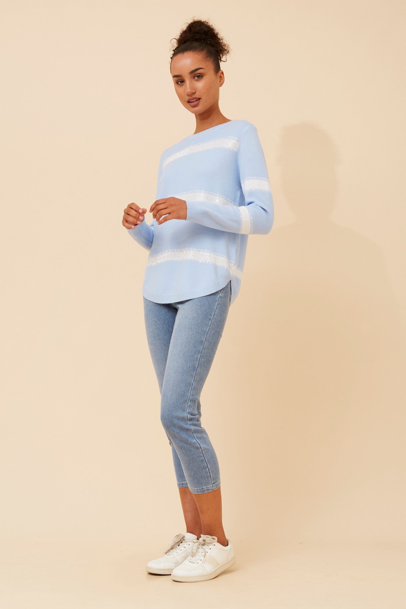 BRAY STRIPED DIAMANTE KNIT PULLOVER (Blue)