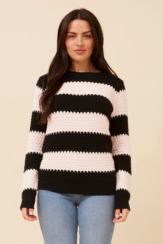 Image of a model wearing Outerwear. Product name - TINDRA STRIPE PRINT KNIT PULLOVER in Black/Pink colour by brand - Caroline Morgan Australia