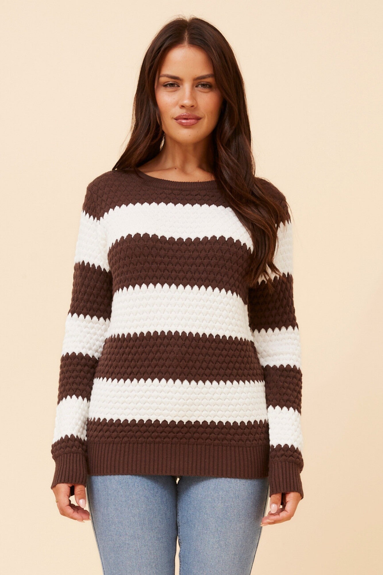 TINDRA STRIPE PRINT KNIT PULLOVER (Chocolate/White)