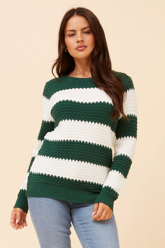 Image of a model wearing Outerwear. Product name - TINDRA STRIPE PRINT KNIT PULLOVER in Emerald colour by brand - Caroline Morgan Australia