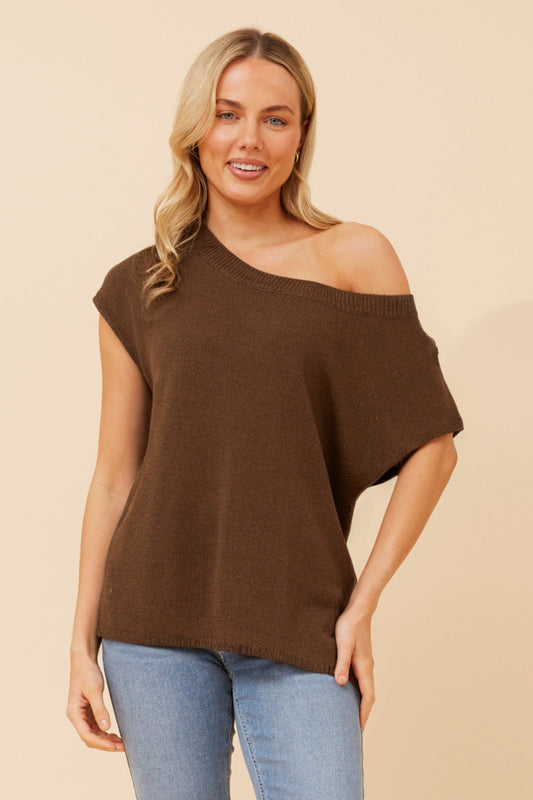 Image of a model wearing Tops. Product name - JOBETH SOLID KNIT TOP in Chocolate colour by brand - Caroline Morgan Australia