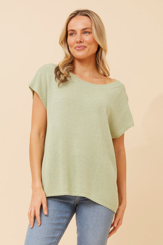 Image of a model wearing Tops. Product name - JOBETH SOLID KNIT TOP in Mint colour by brand - Caroline Morgan Australia