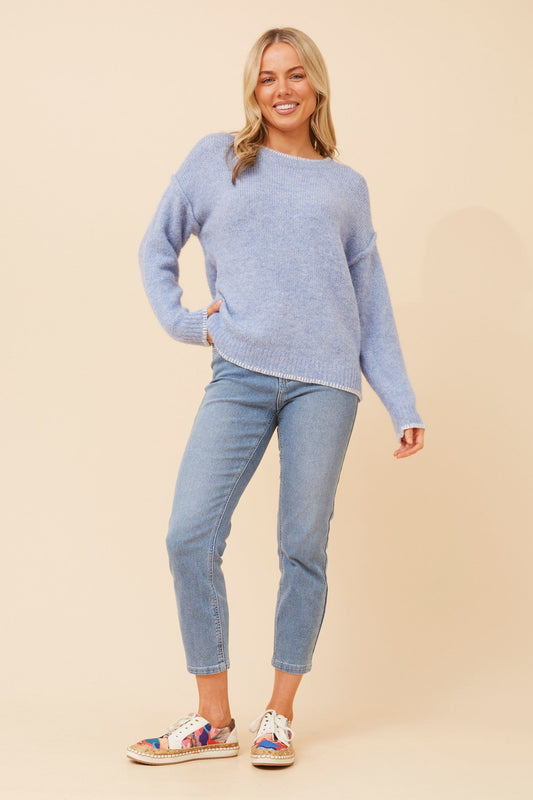 Image of a model wearing Outerwear. Product name - ABILENE WOOL BLEND KNIT PULLOVER in Skylight colour by brand - Caroline Morgan Australia