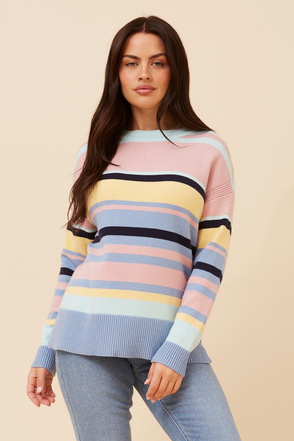 AMINTA STRIPE PRINT KNIT PULLOVER (Multi Blue)