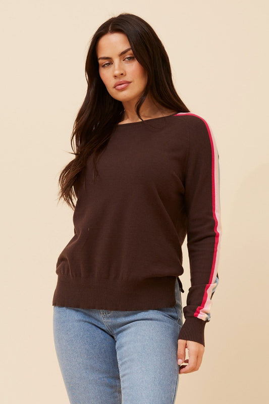 Image of a model wearing Outerwear. Product name - LACEN SOLID KNIT PULLOVER in Light Grey Marl colour by brand - Caroline Morgan Australia