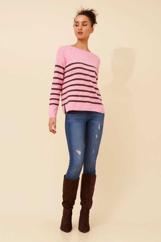 Image of a model wearing Outerwear. Product name - RAMSEY STRIPE KNIT PULLOVER in Beige colour by brand - Caroline Morgan Australia