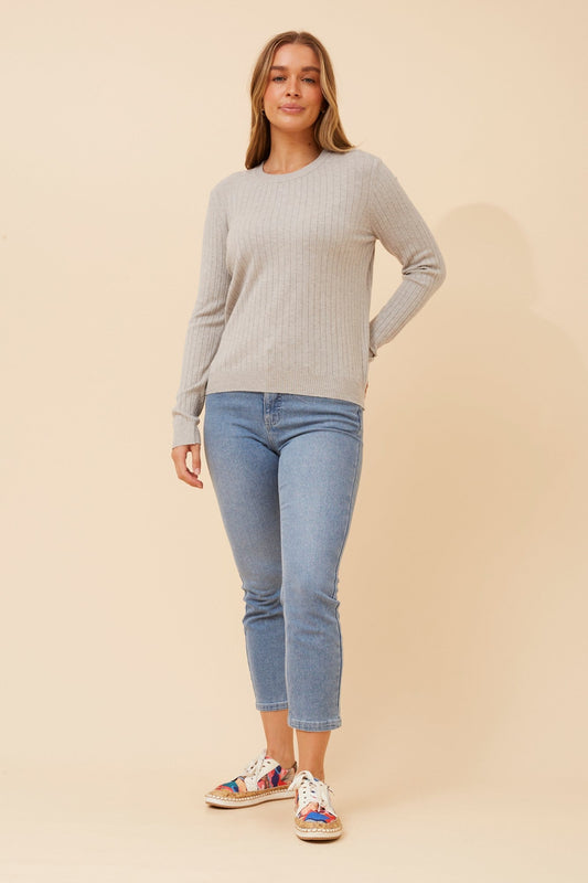 Image of a model wearing Outerwear. Product name - CATY SOLID KNIT PULLOVER in Greymarl colour by brand - Caroline Morgan Australia