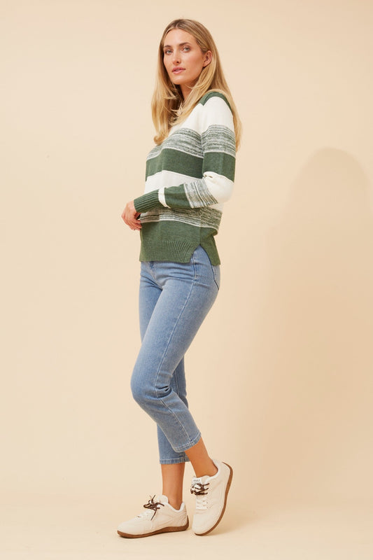 Image of a model wearing Outerwear. Product name - SCOTLYN STRIPE KNIT PULLOVER in Black colour by brand - Caroline Morgan Australia