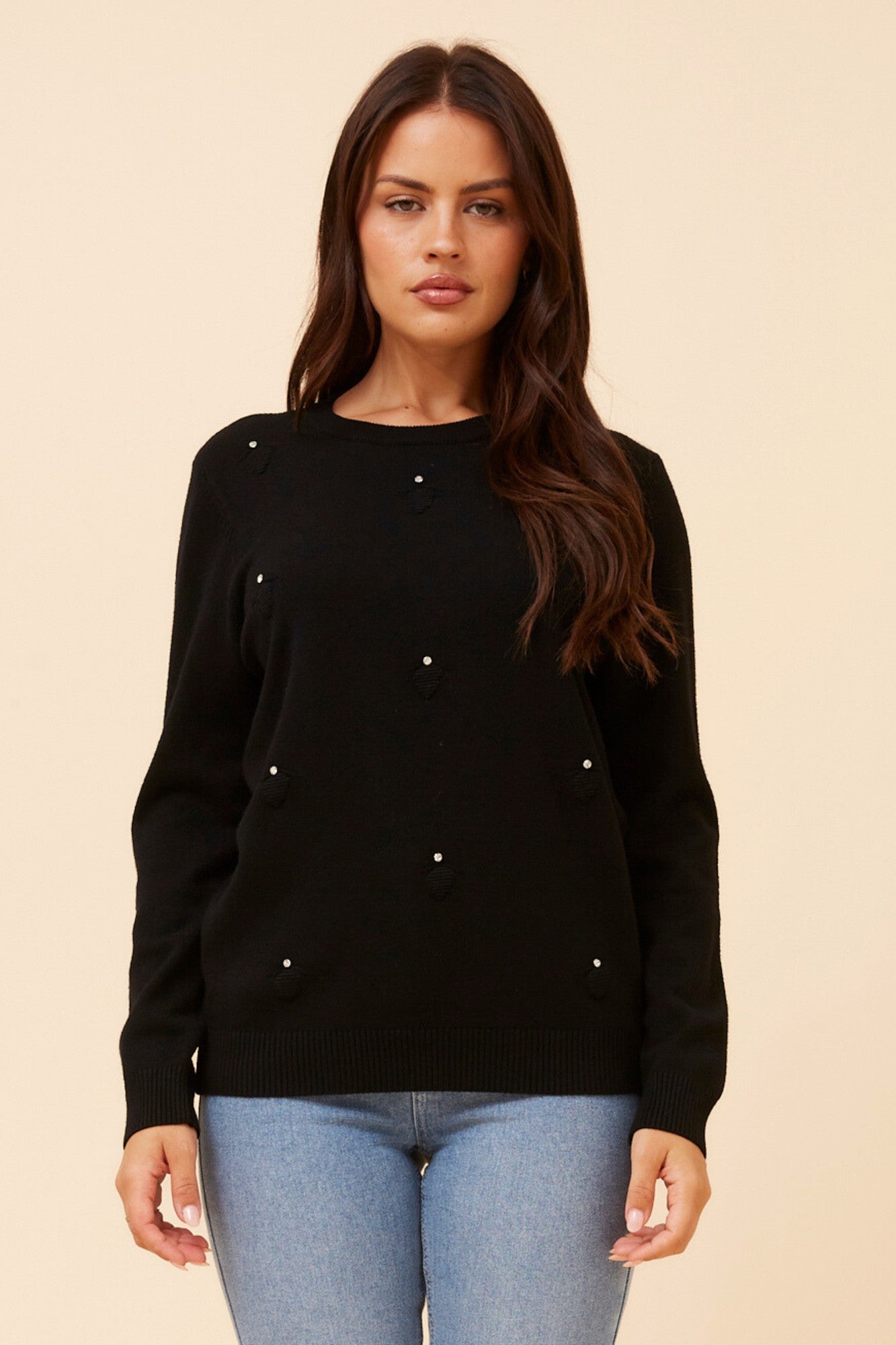 ANGIE EMBELLISHED KNIT PULLOVER (Black)