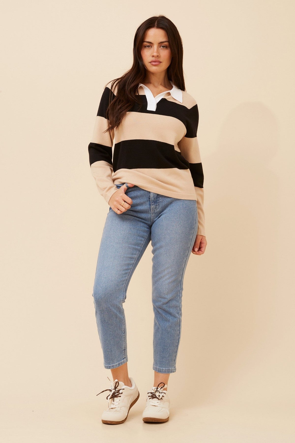 GARLON STRIPE PRINT KNIT PULLOVER (Beige)