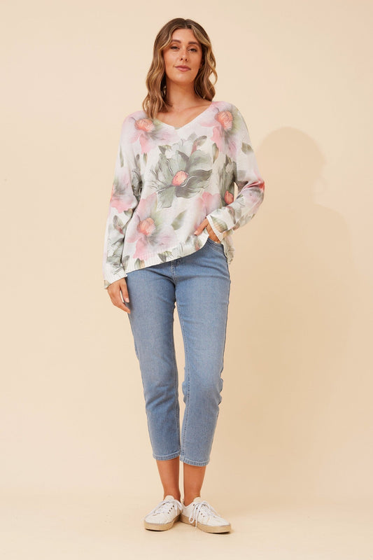 Image of a model wearing Outerwear. Product name - NEAVE FLORAL KNIT PULLOVER in Multi Green colour by brand - BOTTEGA MODA