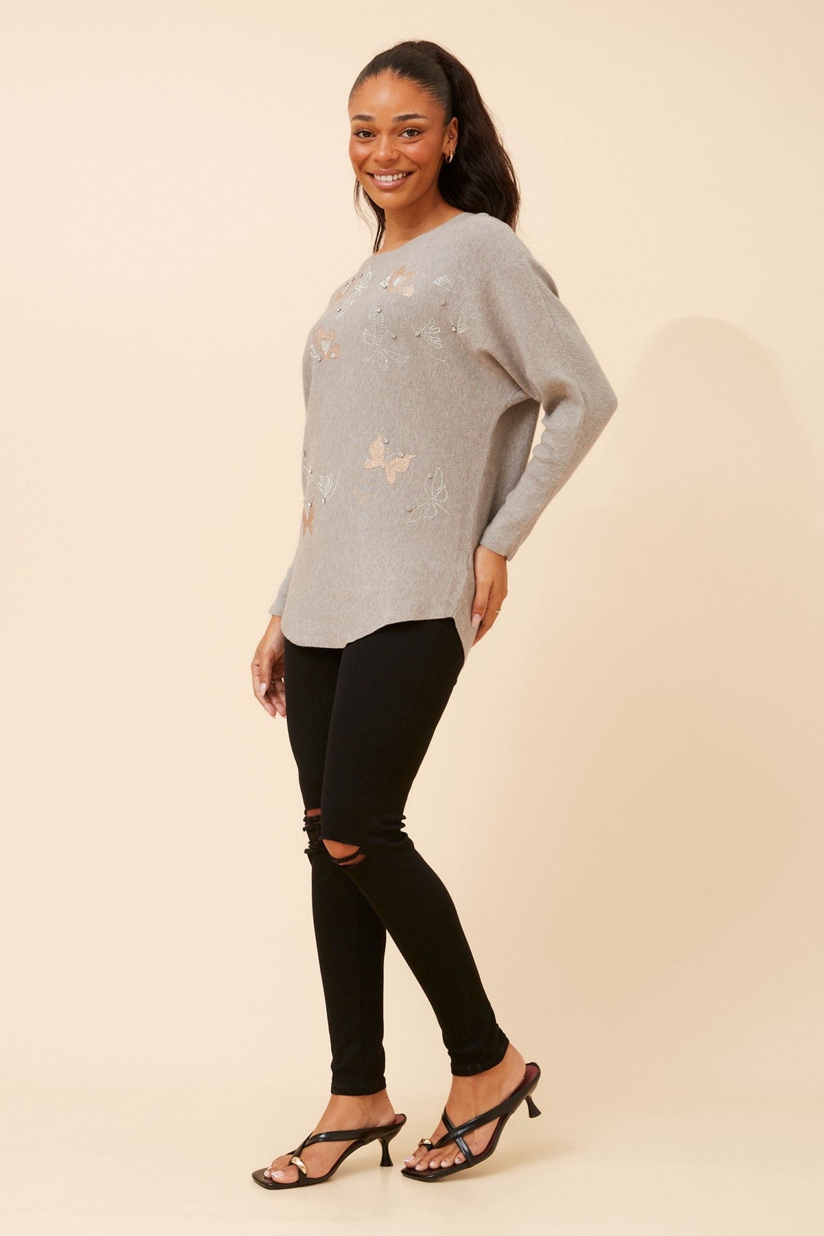 ASTI BUTTERFLY PRINT KNIT PULLOVER (Beige)