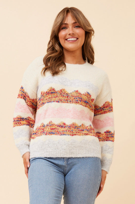 Image of a model wearing Outerwear. Product name - GALIA WOOL BLEND KNIT PULLOVER in Ivory colour by brand - Caroline Morgan Australia