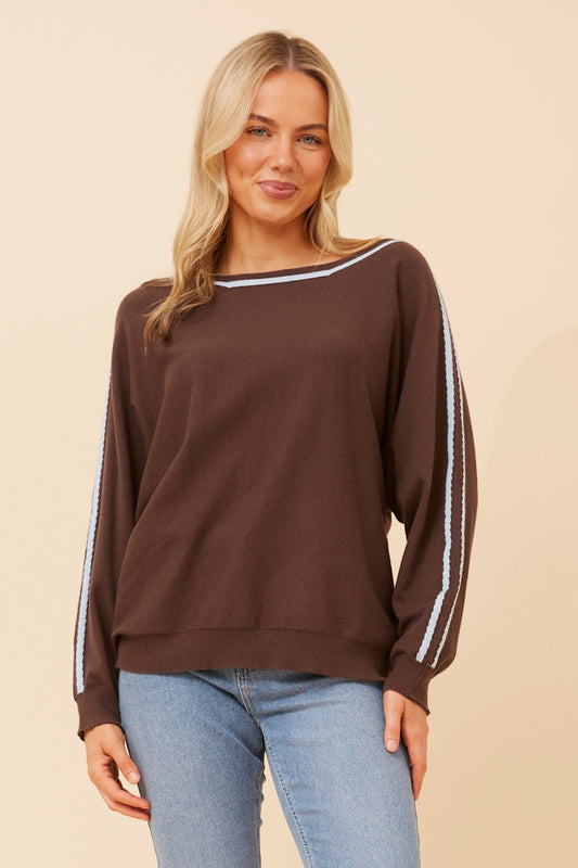 Image of a model wearing Outerwear. Product name - NELLY SOLID KNIT PULLOVER in Chocolate colour by brand - Caroline Morgan Australia