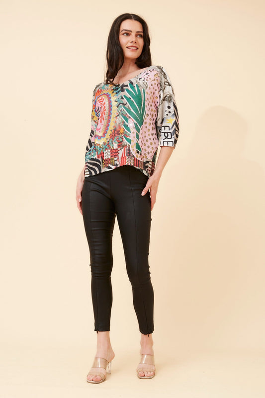 Image of a model wearing Outerwear. Product name - TORIN ABSTRACT PRINT KNIT PULLOVER in Multi White colour by brand - BOTTEGA MODA
