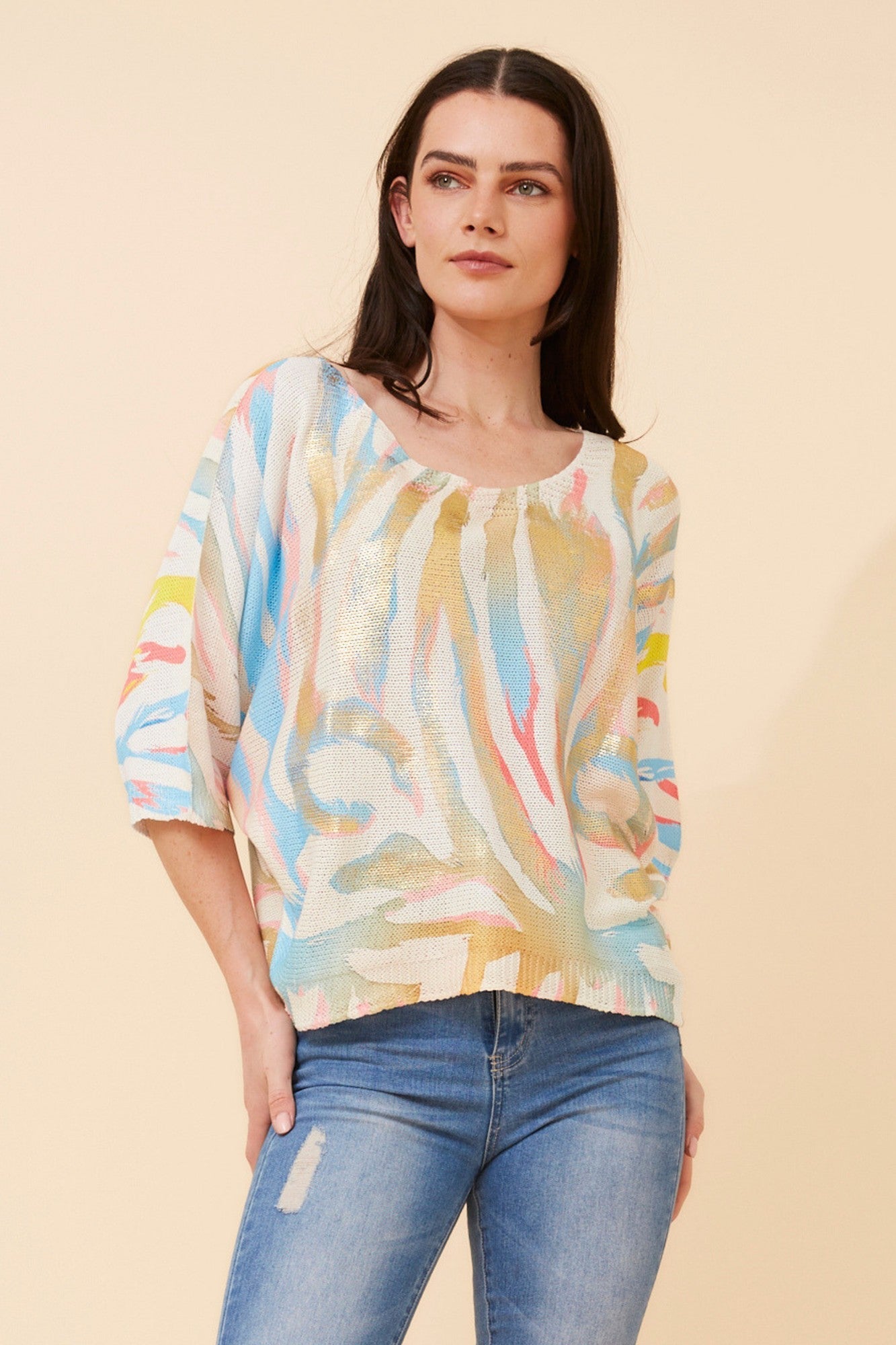 Image of a model wearing Outerwear. Product name - TORIN ANIMAL PRINT KNIT PULLOVER in Aqua colour by brand - BOTTEGA MODA