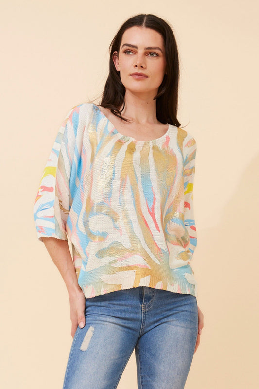 Image of a model wearing Outerwear. Product name - TORIN ANIMAL PRINT KNIT PULLOVER in Aqua colour by brand - BOTTEGA MODA