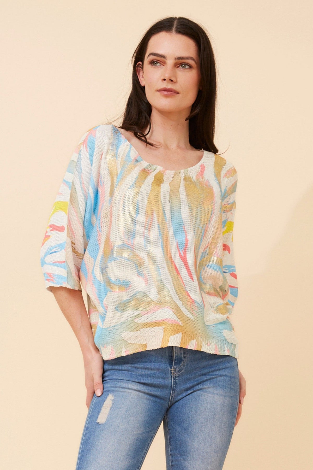 Image of a model wearing Outerwear. Product name - TORIN ANIMAL PRINT KNIT PULLOVER in Teal colour by brand - BOTTEGA MODA
