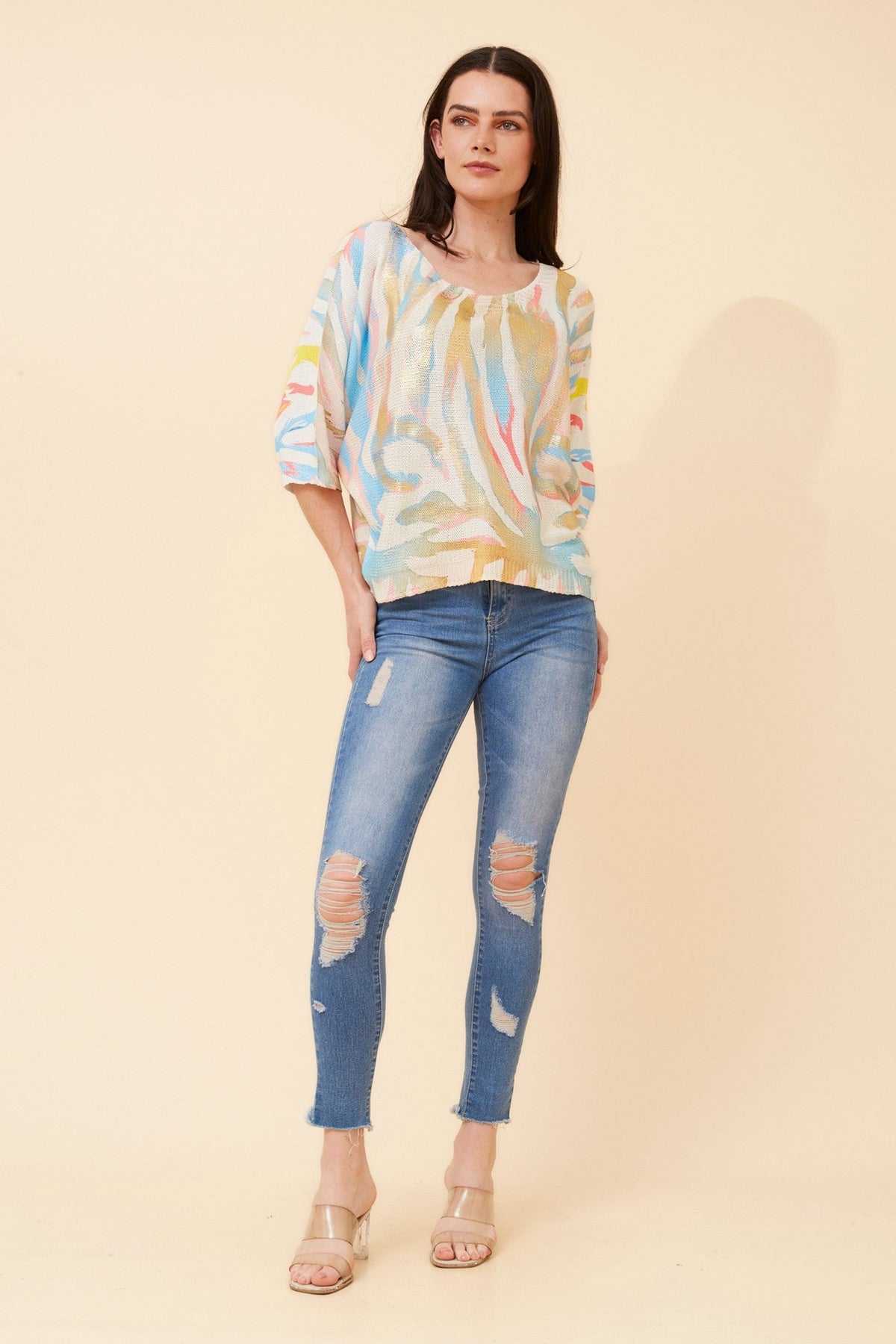 BOTTEGA MODA TORIN ANIMAL PRINT KNIT PULLOVER (Teal)