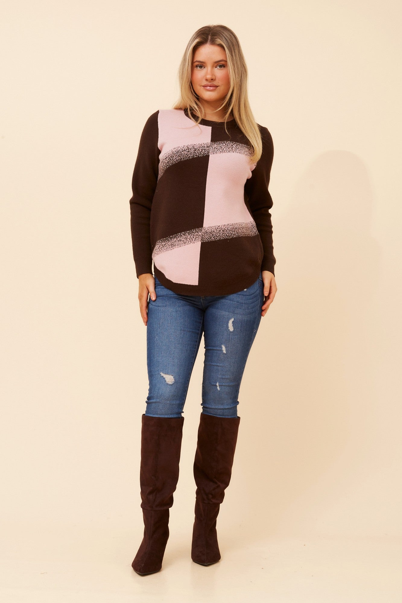 ANITA COLOUR BLOCK KNIT PULLOVER (Bitter Chocolate)