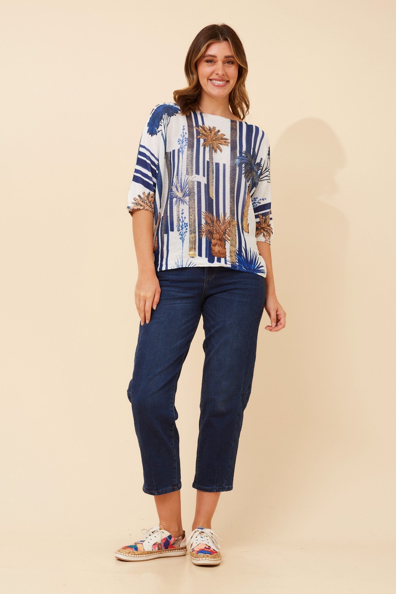Image of a model wearing Outerwear. Product name - FLORELLA PALM TREE PRINT PULLOVER in Navy colour by brand - BOTTEGA MODA