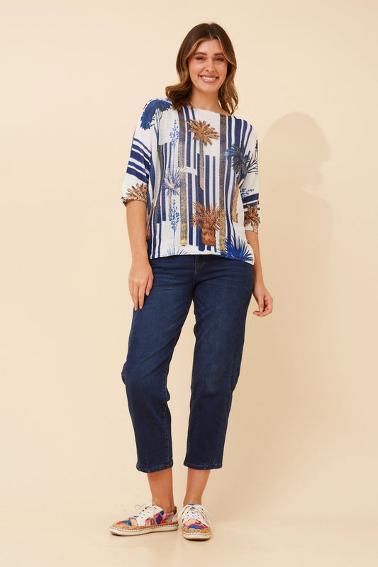 Image of a model wearing Outerwear. Product name - FLORELLA PALM TREE PRINT PULLOVER in Navy colour by brand - BOTTEGA MODA