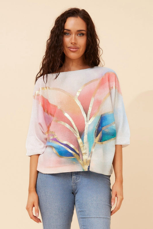 Image of a model wearing Outerwear. Product name - FLORELLA LEAF PRINT KNIT PULLOVER in Pink colour by brand - BOTTEGA MODA