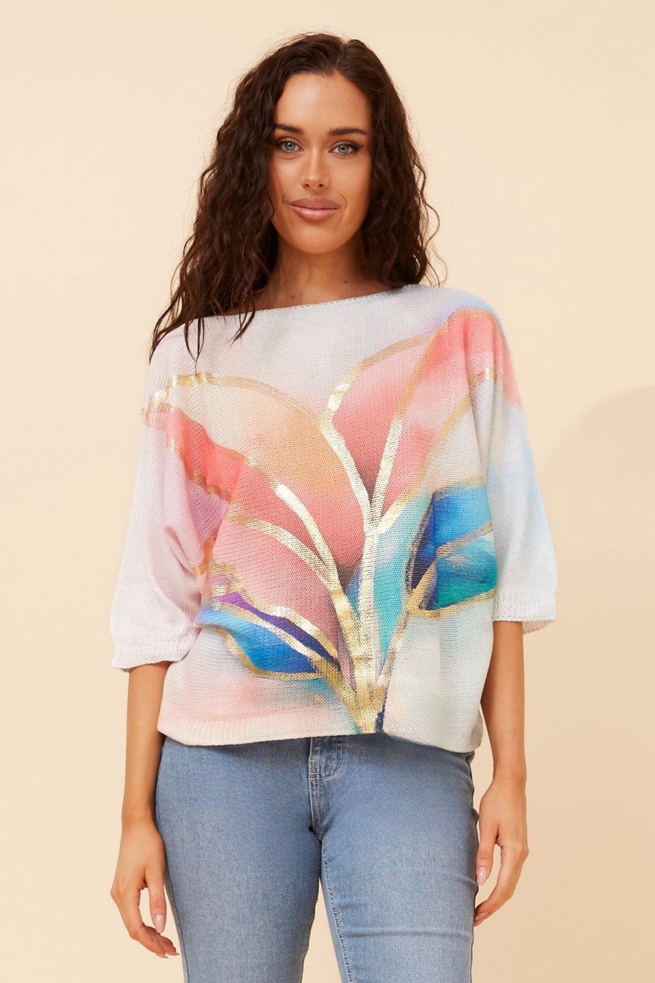 FLORELLA LEAF PRINT KNIT PULLOVER (Pink)