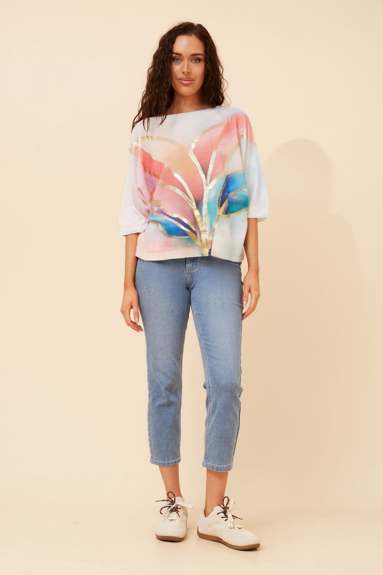 FLORELLA LEAF PRINT KNIT PULLOVER (Pink)